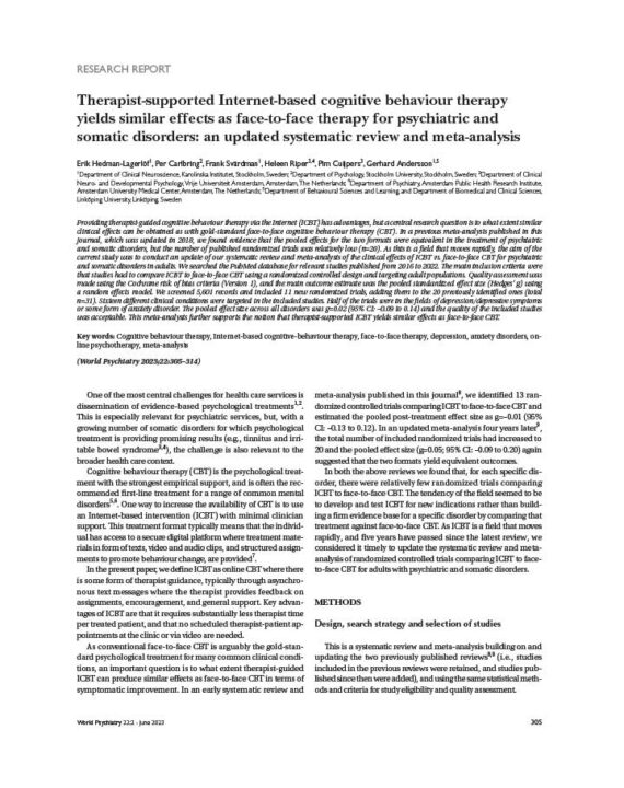 therapist-supported-internet-based-cognitive-behaviour-therapy-yields-similar-effects-as-face-to-face-therapy-for-psychiatric-and-somatic-disorders-an-updated-systematic-review-and-meta-analysis